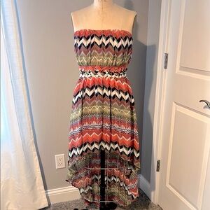Boho Southwestern Print High-Low Chiffon Strapless Sundress